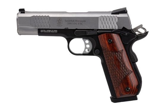 Smith & Wesson E-Series 1911 45 ACP Pistol has wooden laminate e-series grips
